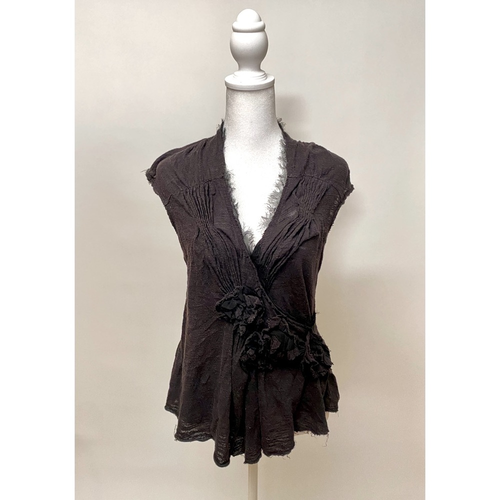 Anthropologie Deletta Gauzy V-Neck Top with Distressed Edging in Black Size S